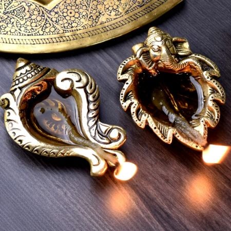 Golden Sankh and Ganesha Brass Diya For Ritual Puja Pack of 2